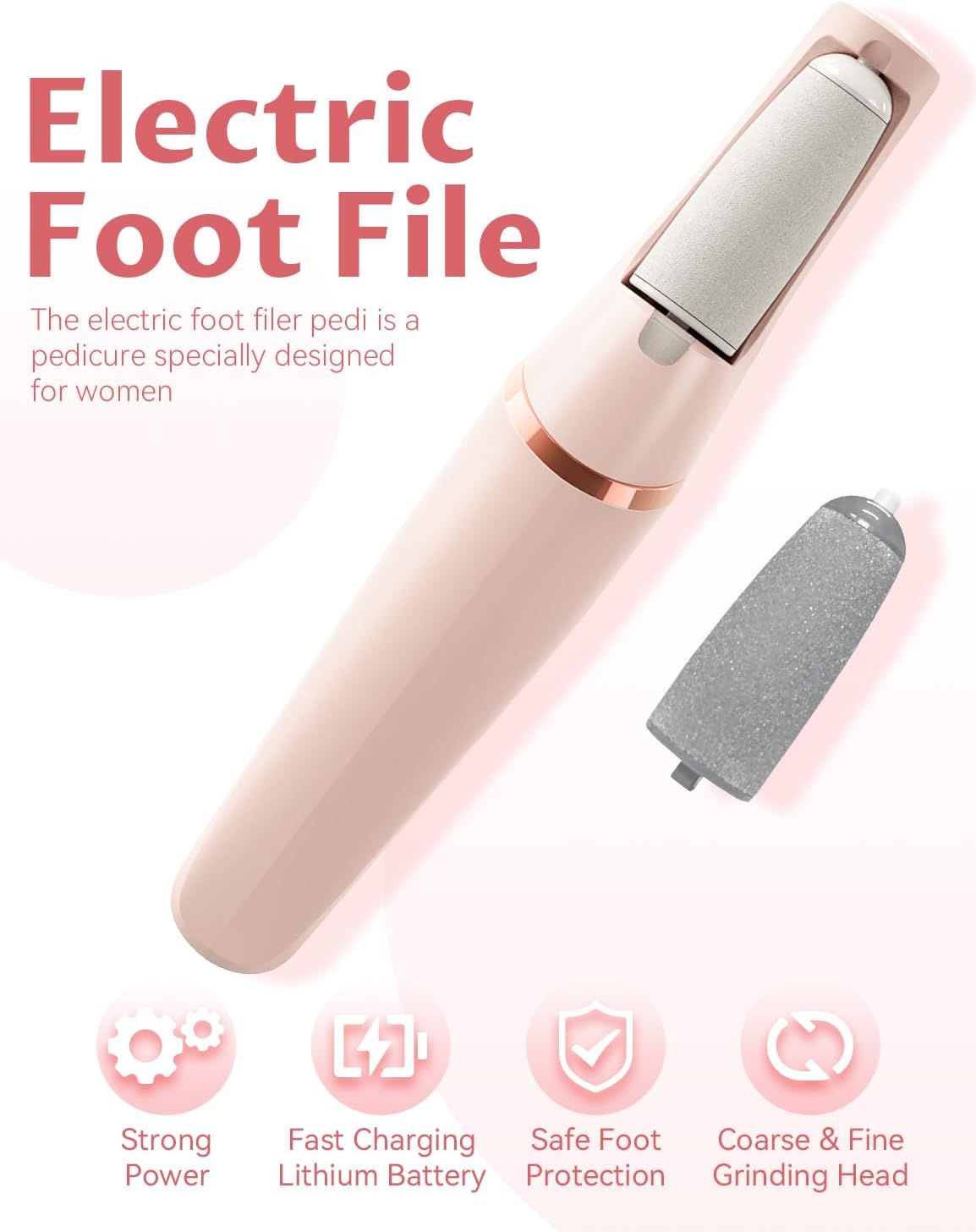 Electric Foot Care File with 2 Adjustable Speeds, 2 Interchangeable Grinding Heads, LED Light, V1107-CS-USBDDXJQF