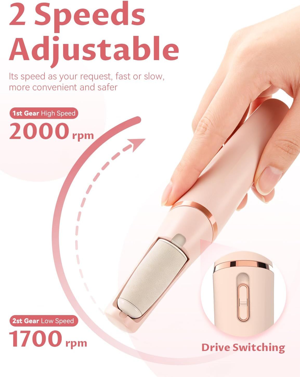 Electric Foot Care File with 2 Adjustable Speeds, 2 Interchangeable Grinding Heads, LED Light, V1107-CS-USBDDXJQF
