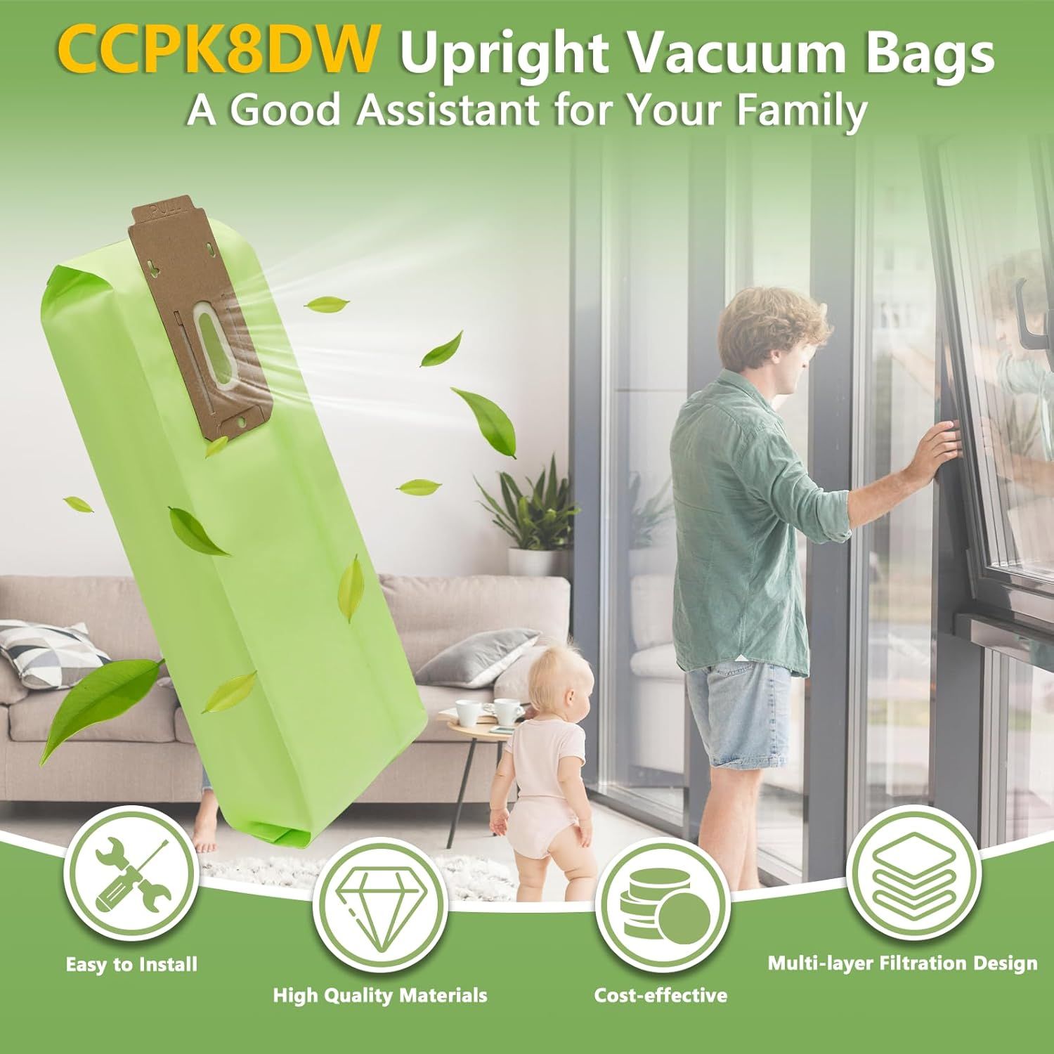 8-Pack Replacement Vacuum Bags for Oreck CC XL Series, Multi-Layer Filtration for Home & Office Cleaning V1107-CS-XCQJCD