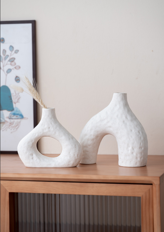 Minimalist Ceramic Vase Set (2-Piece): Modern Home Decor for Flower Arrangements (White) | Black Version V1107-CS-XDQSHP