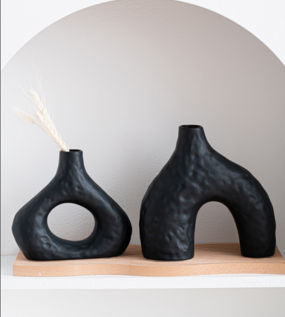 Minimalist Ceramic Vase Set (2-Piece): Modern Home Decor for Flower Arrangements (Black) | White Version V1107-CS-XDQSHP1