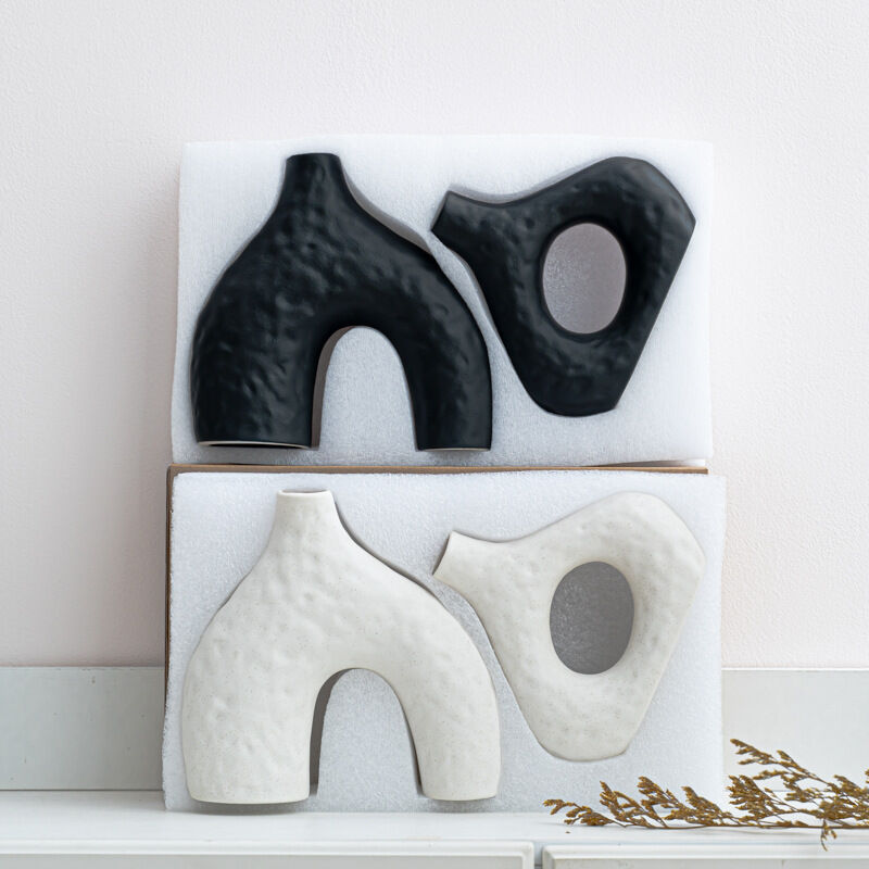 Minimalist Ceramic Vase Set (2-Piece): Modern Home Decor for Flower Arrangements (Black) | White Version V1107-CS-XDQSHP1