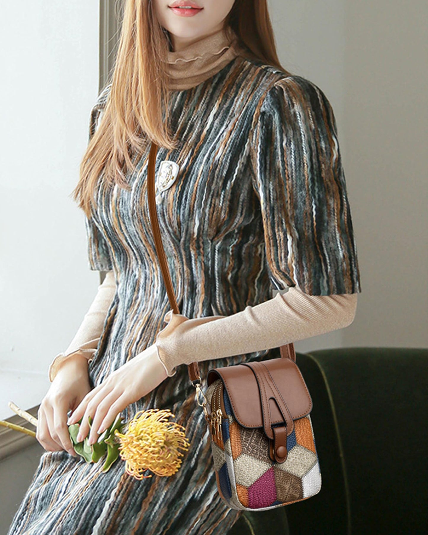 Color-Block Diamond Pattern PU Leather Crossbody Phone Bag - Retro Mini Wallet with Adjustable Strap & Dual V1107-CS-XKSJB