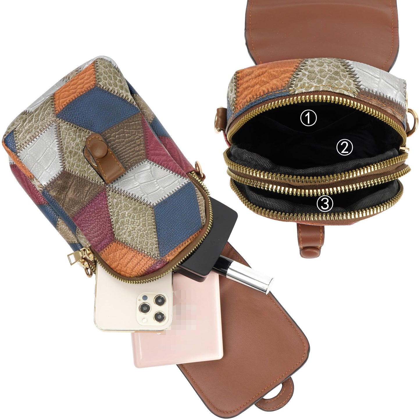 Color-Block Diamond Pattern PU Leather Crossbody Phone Bag - Retro Mini Wallet with Adjustable Strap & Dual V1107-CS-XKSJB