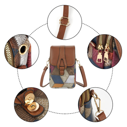 Color-Block Diamond Pattern PU Leather Crossbody Phone Bag - Retro Mini Wallet with Adjustable Strap & Dual V1107-CS-XKSJB