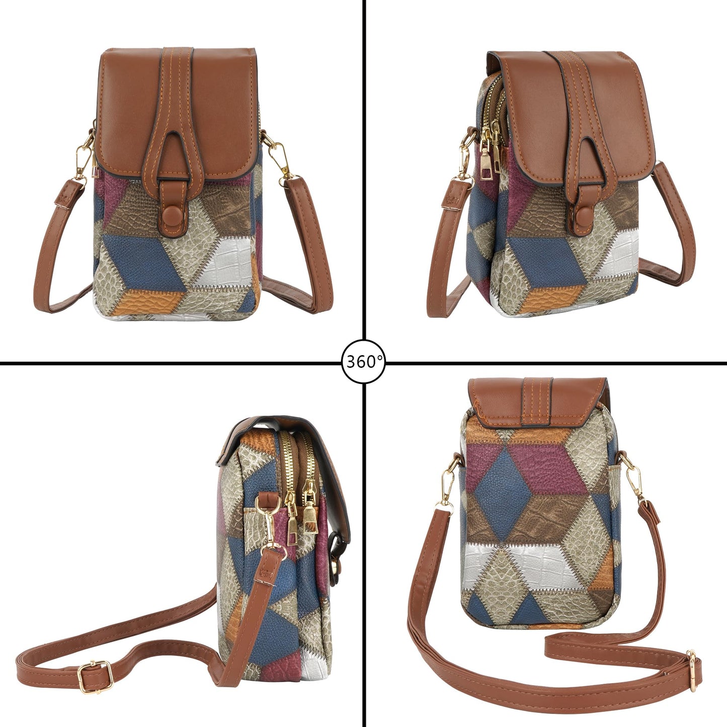 Color-Block Diamond Pattern PU Leather Crossbody Phone Bag - Retro Mini Wallet with Adjustable Strap & Dual V1107-CS-XKSJB