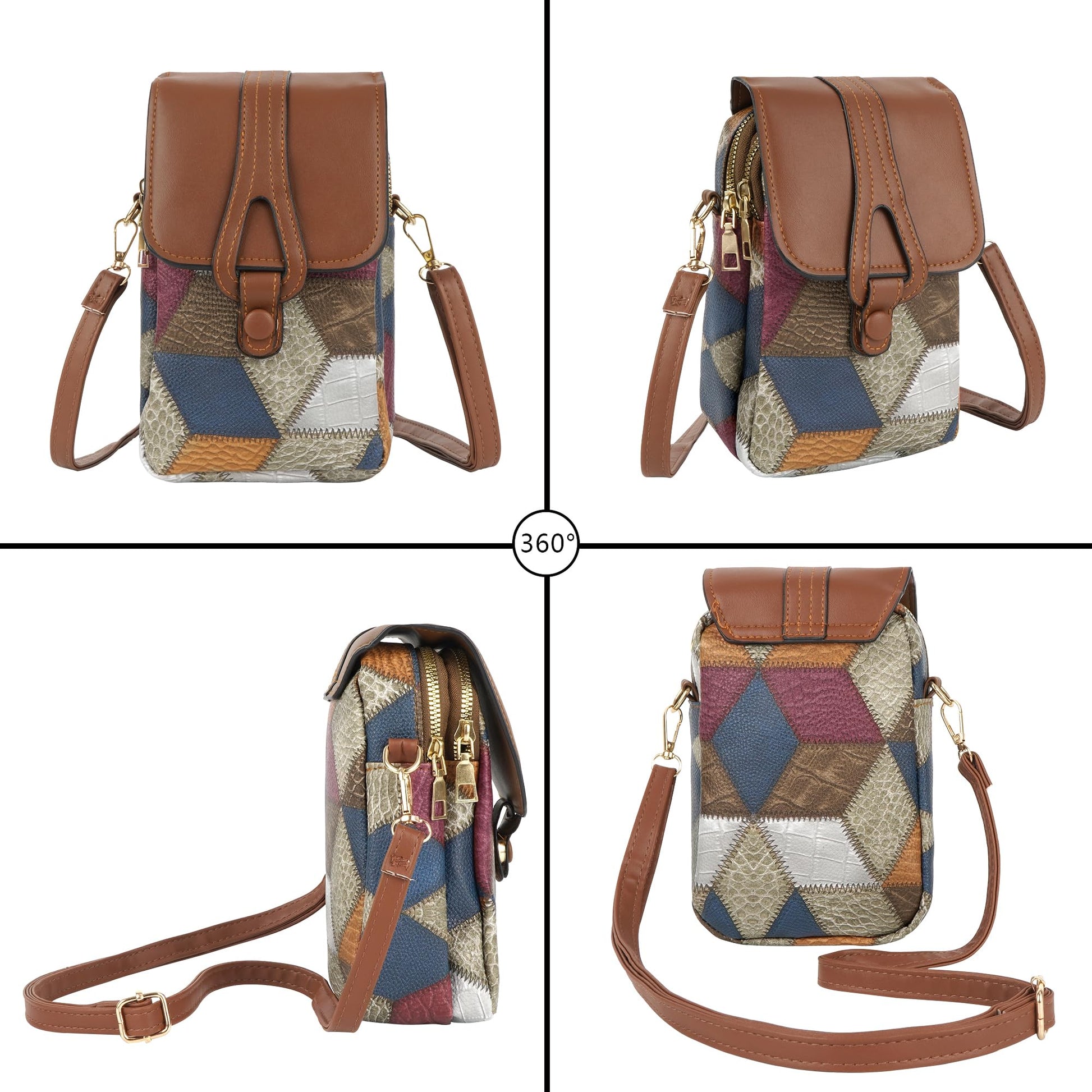 Color-Block Diamond Pattern PU Leather Crossbody Phone Bag - Retro Mini Wallet with Adjustable Strap & Dual V1107-CS-XKSJB