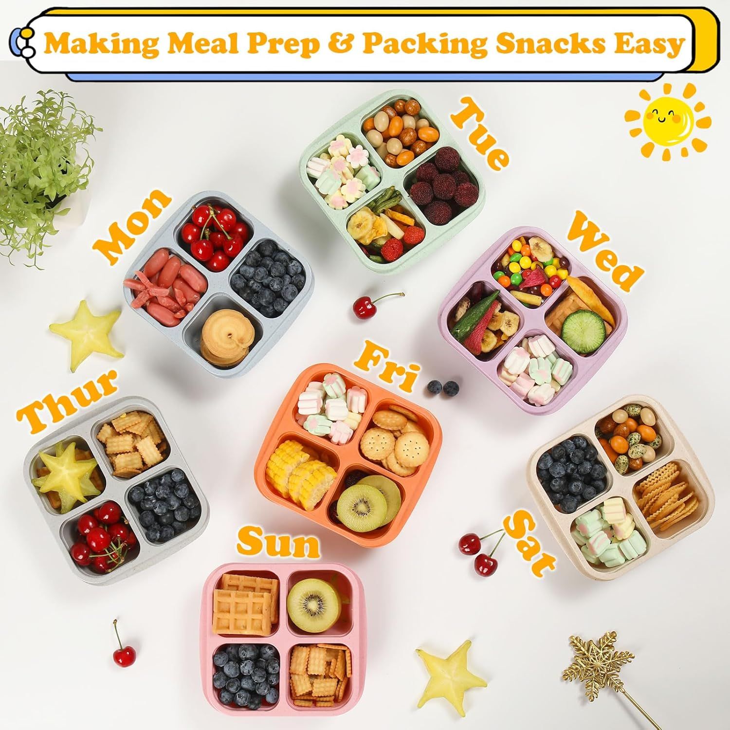 4-Pack Wheat Straw Bento Snack Boxes, 4-Compartment Reusable Lunch Containers for Kids & Adults, BPA-Free V1107-CS-XMJGLSH