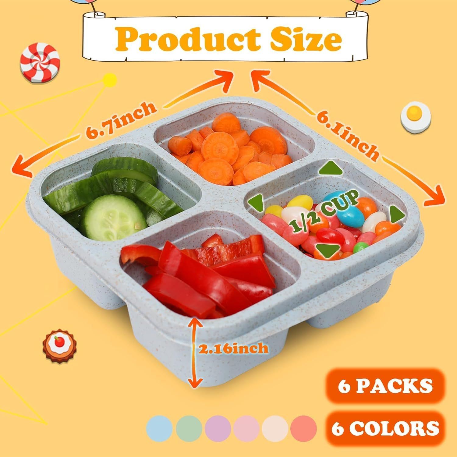 4-Pack Wheat Straw Bento Snack Boxes, 4-Compartment Reusable Lunch Containers for Kids & Adults, BPA-Free V1107-CS-XMJGLSH
