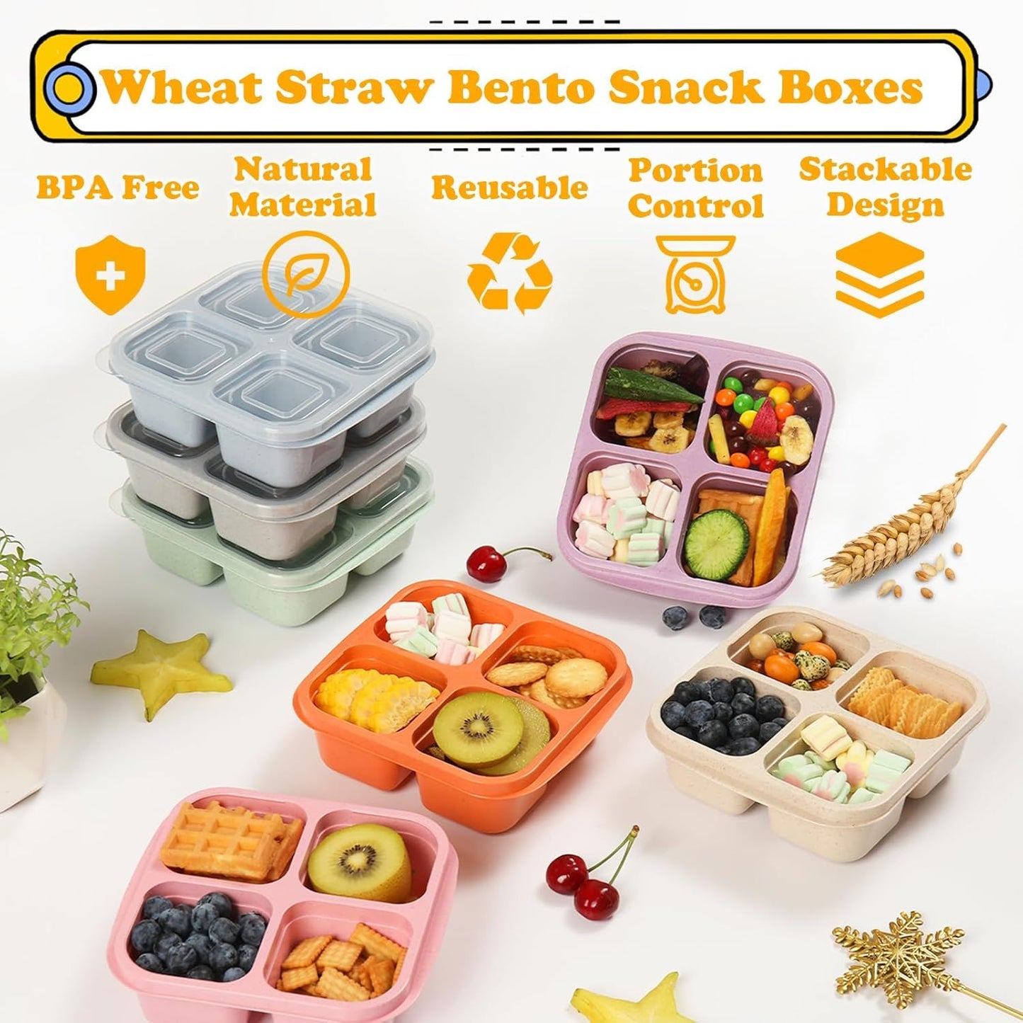 4-Pack Wheat Straw Bento Snack Boxes, 4-Compartment Reusable Lunch Containers for Kids & Adults, BPA-Free V1107-CS-XMJGLSH