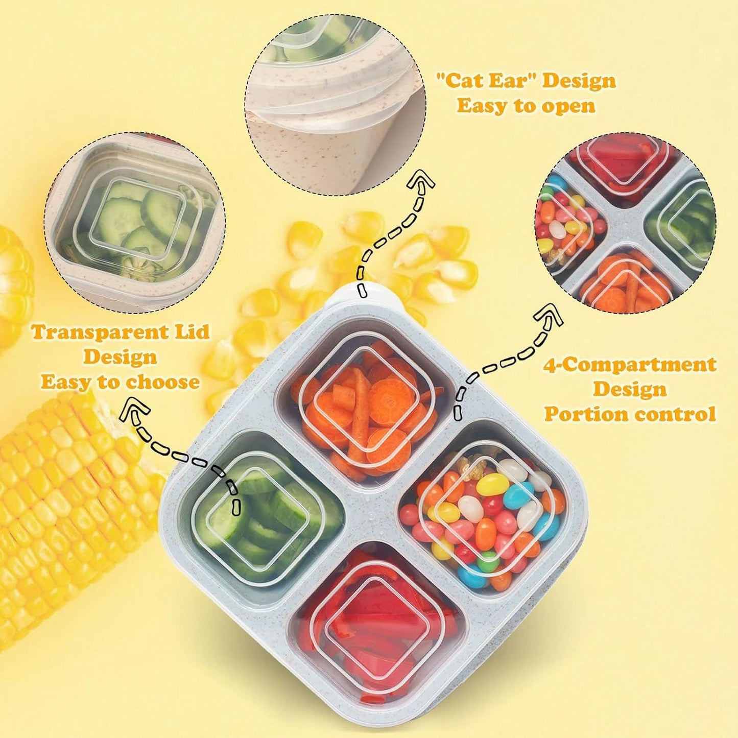 4-Pack Wheat Straw Bento Snack Boxes, 4-Compartment Reusable Lunch Containers for Kids & Adults, BPA-Free V1107-CS-XMJGLSH