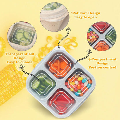4-Pack Wheat Straw Bento Snack Boxes, 4-Compartment Reusable Lunch Containers for Kids & Adults, BPA-Free V1107-CS-XMJGLSH