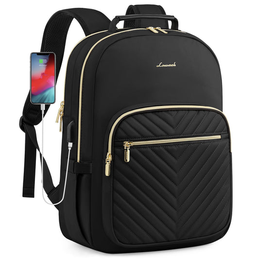 Stylish Laptop Backpack for Women - Large Capacity 27L Computer Bag with 15.6 Inch Compartment, USB Charging V1107-CS-XSBJBBBH