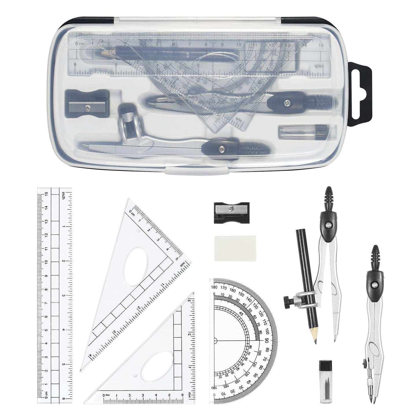 Complete 10-Piece Geometry Kit Set - Precision Drafting Tools with Metal Compasses, Rulers, Protractor & V1107-CS-XSSXJHTZ