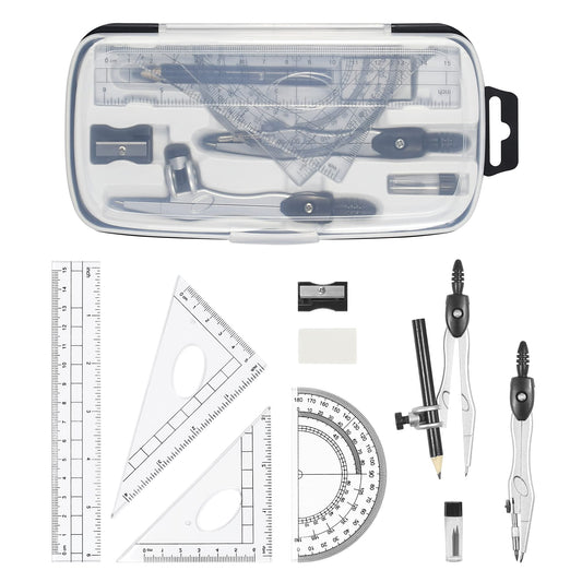 Complete 10-Piece Geometry Kit Set - Precision Drafting Tools with Metal Compasses, Rulers, Protractor & V1107-CS-XSSXJHTZ