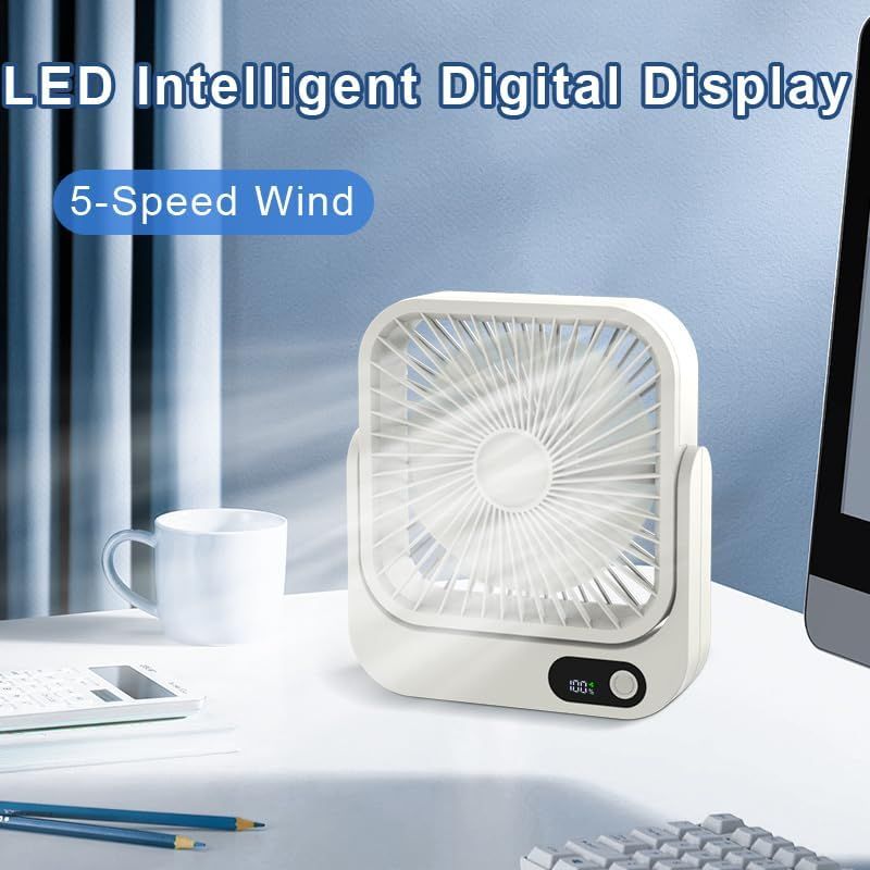 Magnetic Rechargeable Mini Desk Fan with 5-Speed LED Display for Office, Dorm & Bedside Use (White) V1107-CS-XXCXFSB
