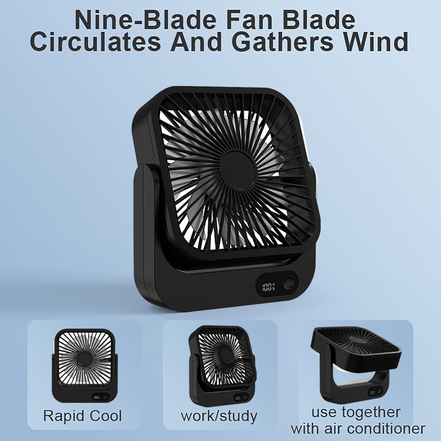 Magnetic Rechargeable Mini Desk Fan with 5-Speed LED Display for Office, Dorm & Bedside Use (Black) V1107-CS-XXCXFSH