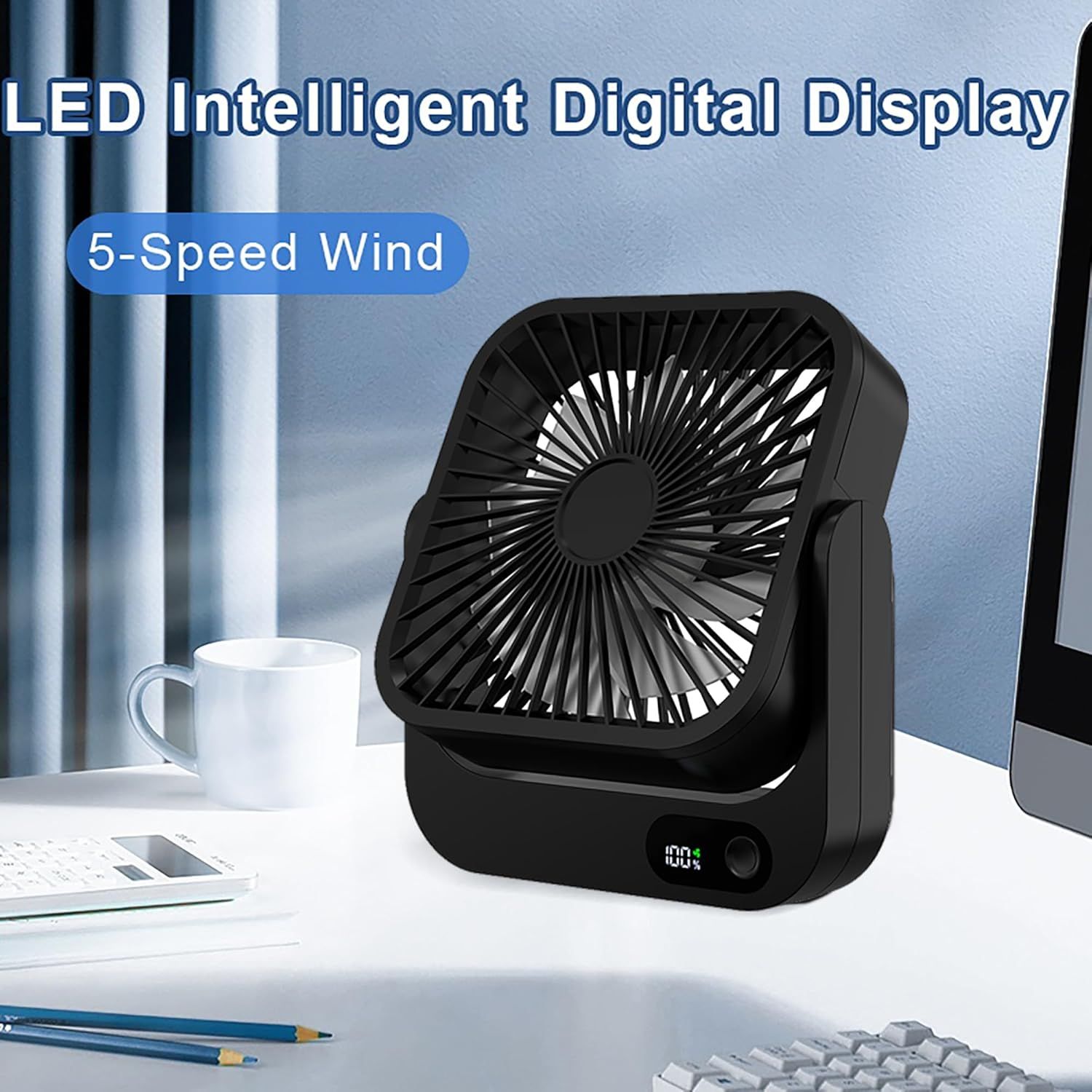 Magnetic Rechargeable Mini Desk Fan with 5-Speed LED Display for Office, Dorm & Bedside Use (Black) V1107-CS-XXCXFSH