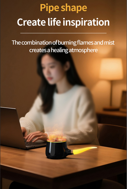 Pipe-Shaped Aromatherapy Humidifier with LED Flame & Mist - USB Desk Diffuser for Home, Office, Bedside V1107-CS-XXJSQ