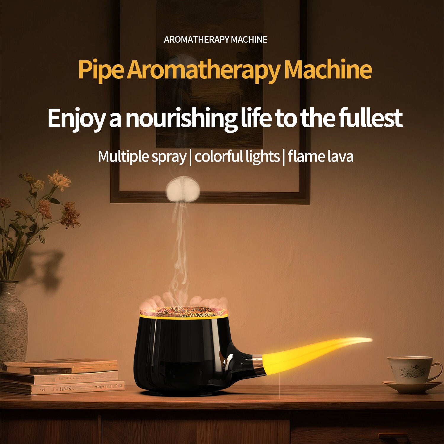 Pipe-Shaped Aromatherapy Humidifier with LED Flame & Mist - USB Desk Diffuser for Home, Office, Bedside V1107-CS-XXJSQ1