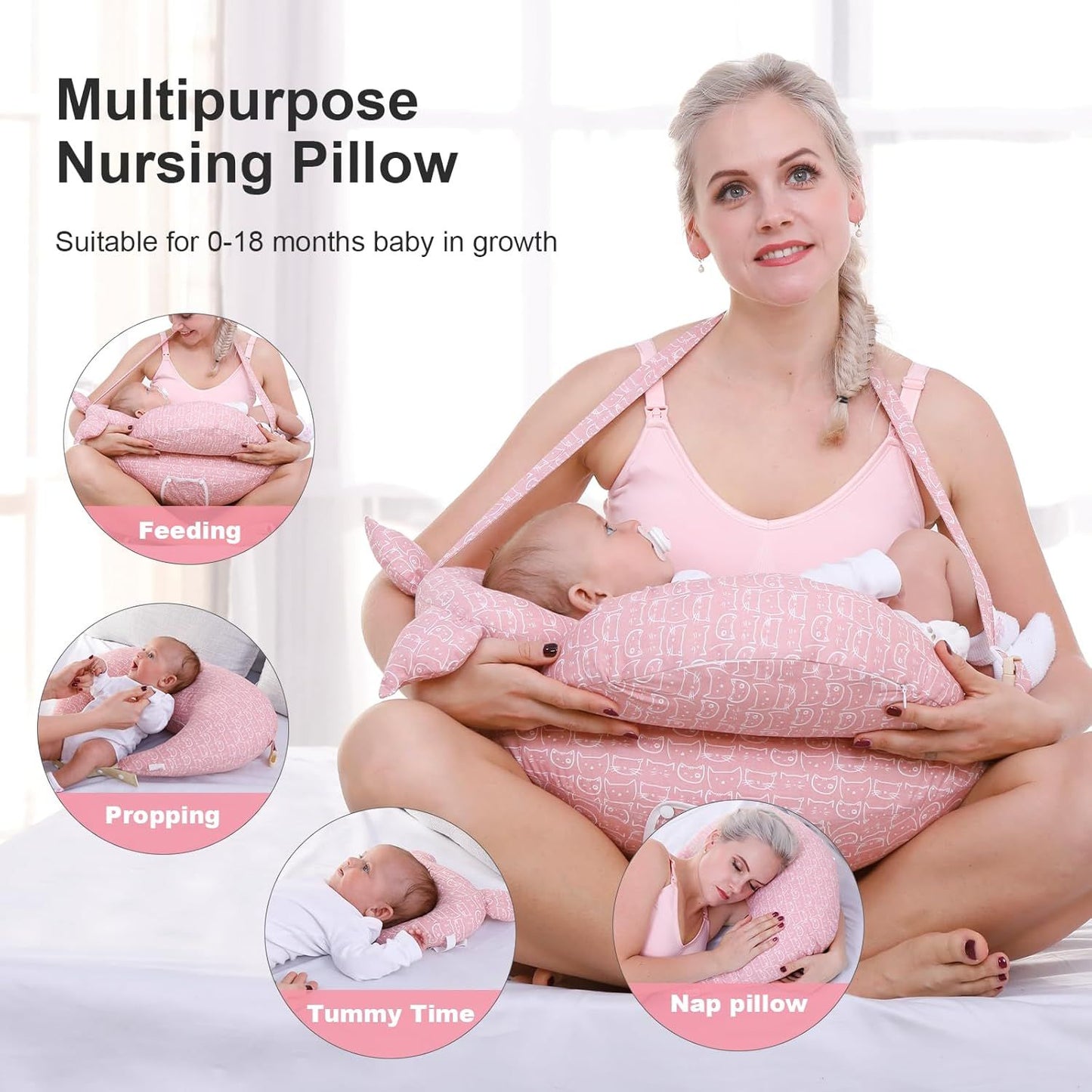 Multipurpose Nursing Pillow with Adjustable Waist Strap & Removable Cover for Feeding, Tummy Time & Nap V1107-CS-YEBRZTB