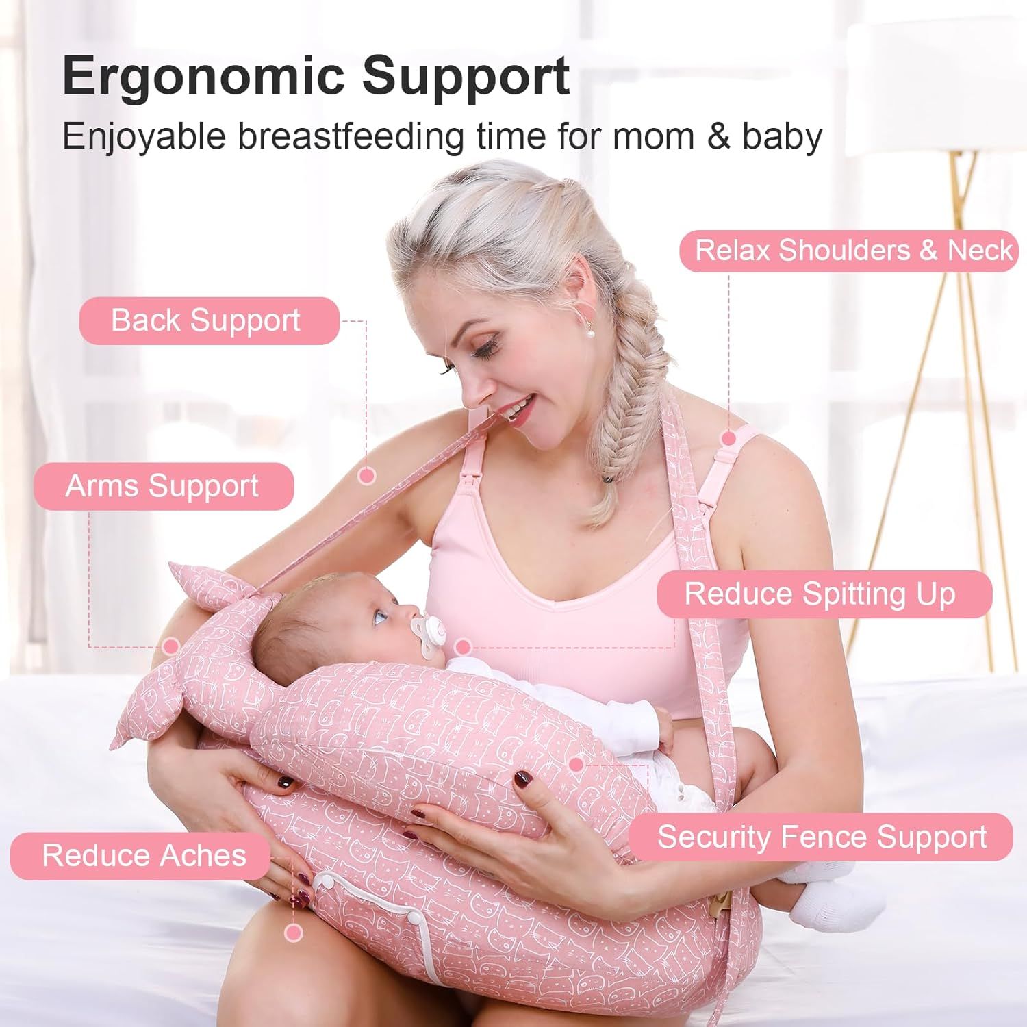 Multipurpose Nursing Pillow with Adjustable Waist Strap & Removable Cover for Feeding, Tummy Time & Nap V1107-CS-YEBRZTF