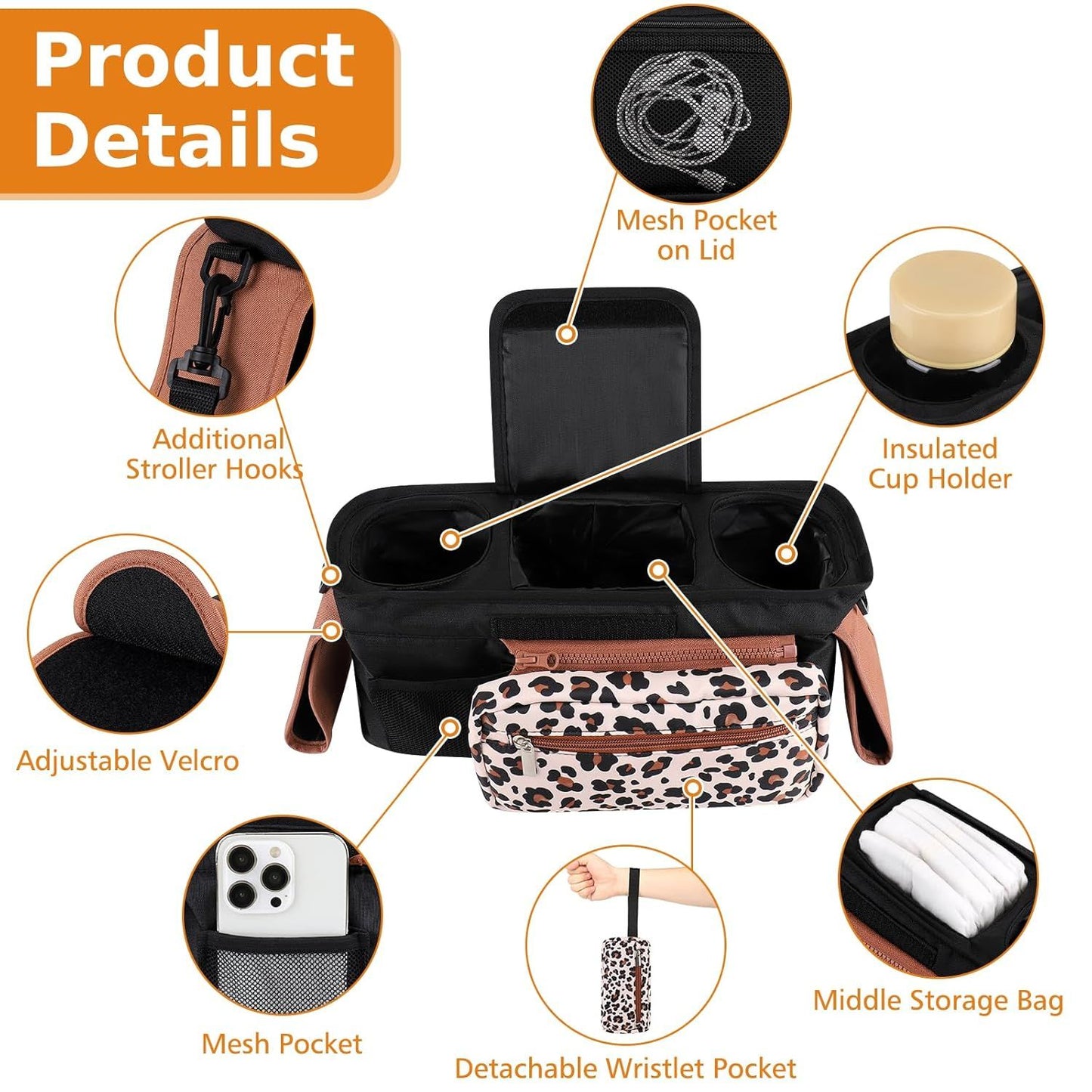 Universal Stroller Organizer with Insulated Cup Holders, Detachable Wristlet & Adjustable Shoulder Strap for V1107-CS-YETCGBB