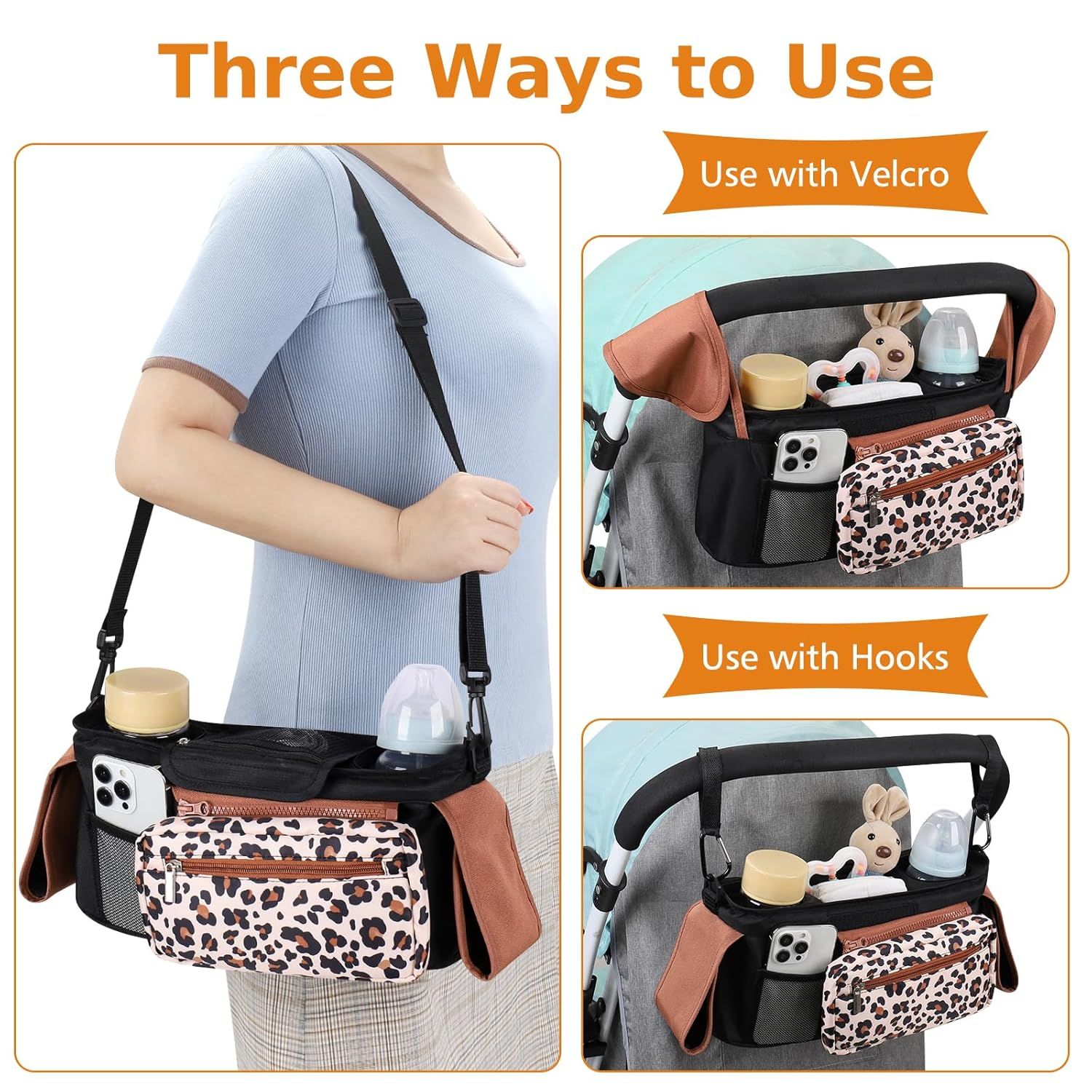Universal Stroller Organizer with Insulated Cup Holders, Detachable Wristlet & Adjustable Shoulder Strap for V1107-CS-YETCGBB