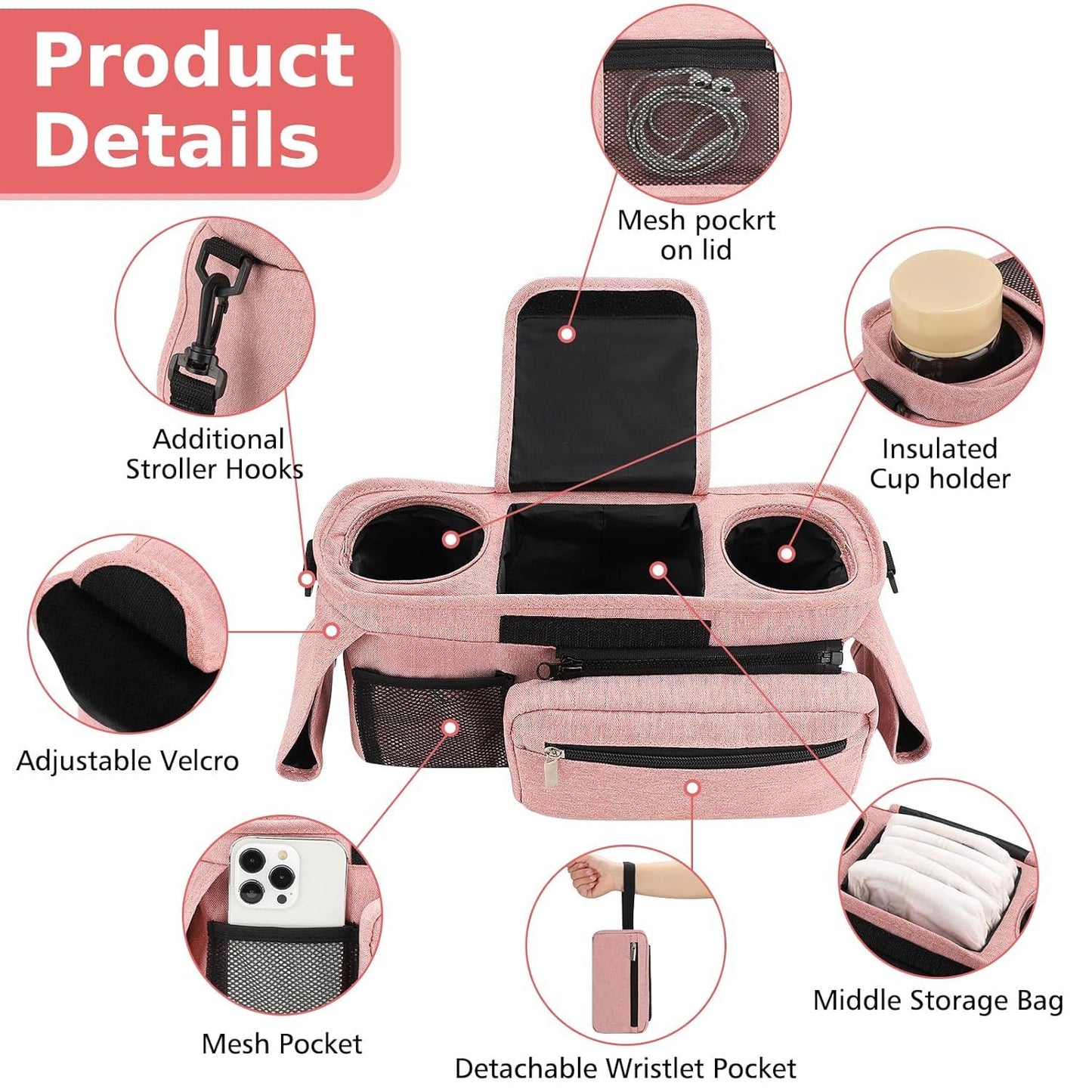 Universal Stroller Organizer with Insulated Cup Holders, Detachable Wristlet & Adjustable Shoulder Strap for V1107-CS-YETCGBF