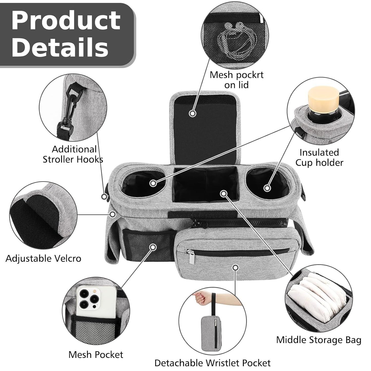 Universal Stroller Organizer with Insulated Cup Holders, Detachable Wristlet & Adjustable Shoulder Strap for V1107-CS-YETCGBHU