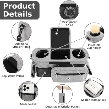 Universal Stroller Organizer with Insulated Cup Holders, Detachable Wristlet & Adjustable Shoulder Strap for V1107-CS-YETCGBHU