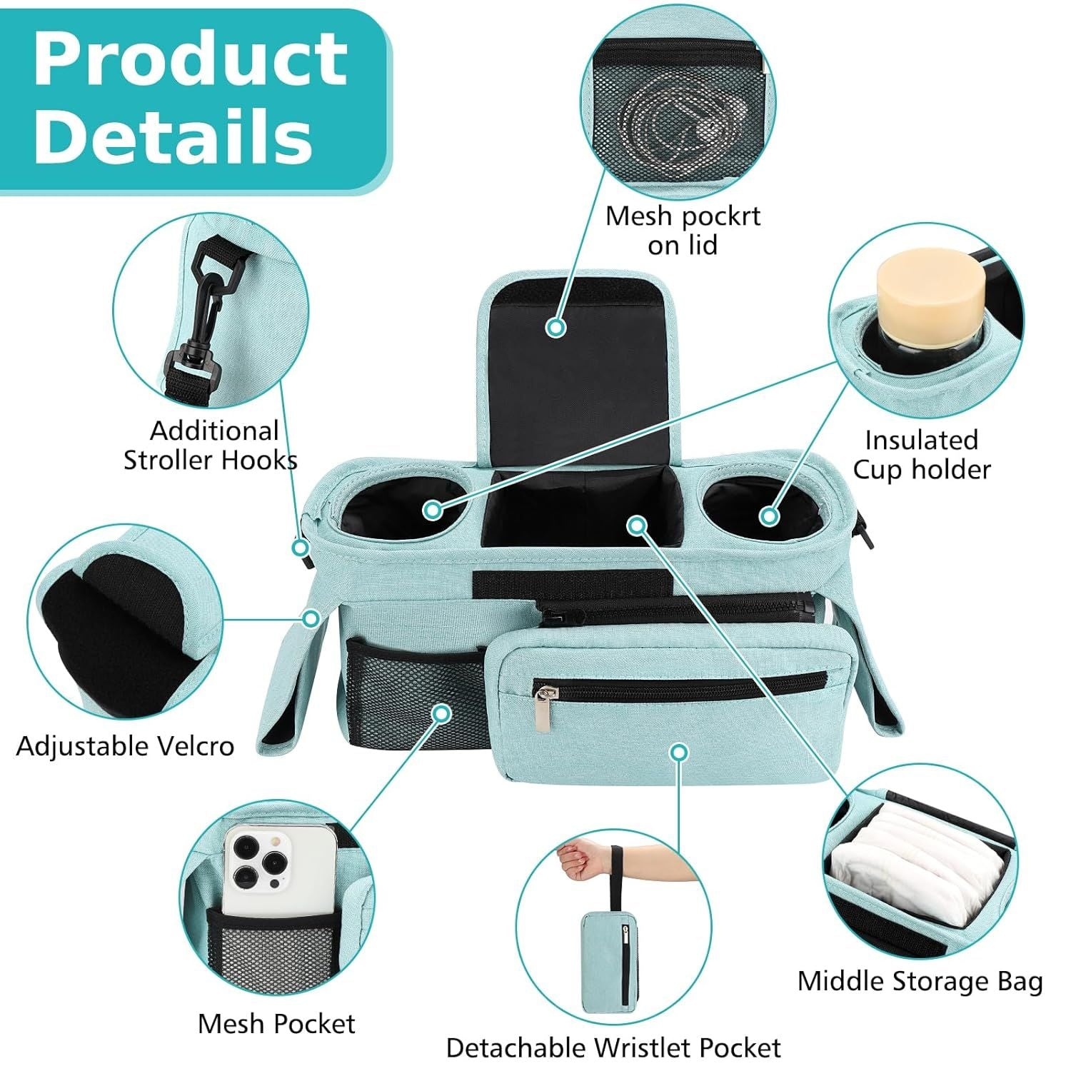 Universal Stroller Organizer with Insulated Cup Holders, Detachable Wristlet & Adjustable Shoulder Strap for V1107-CS-YETCGBL