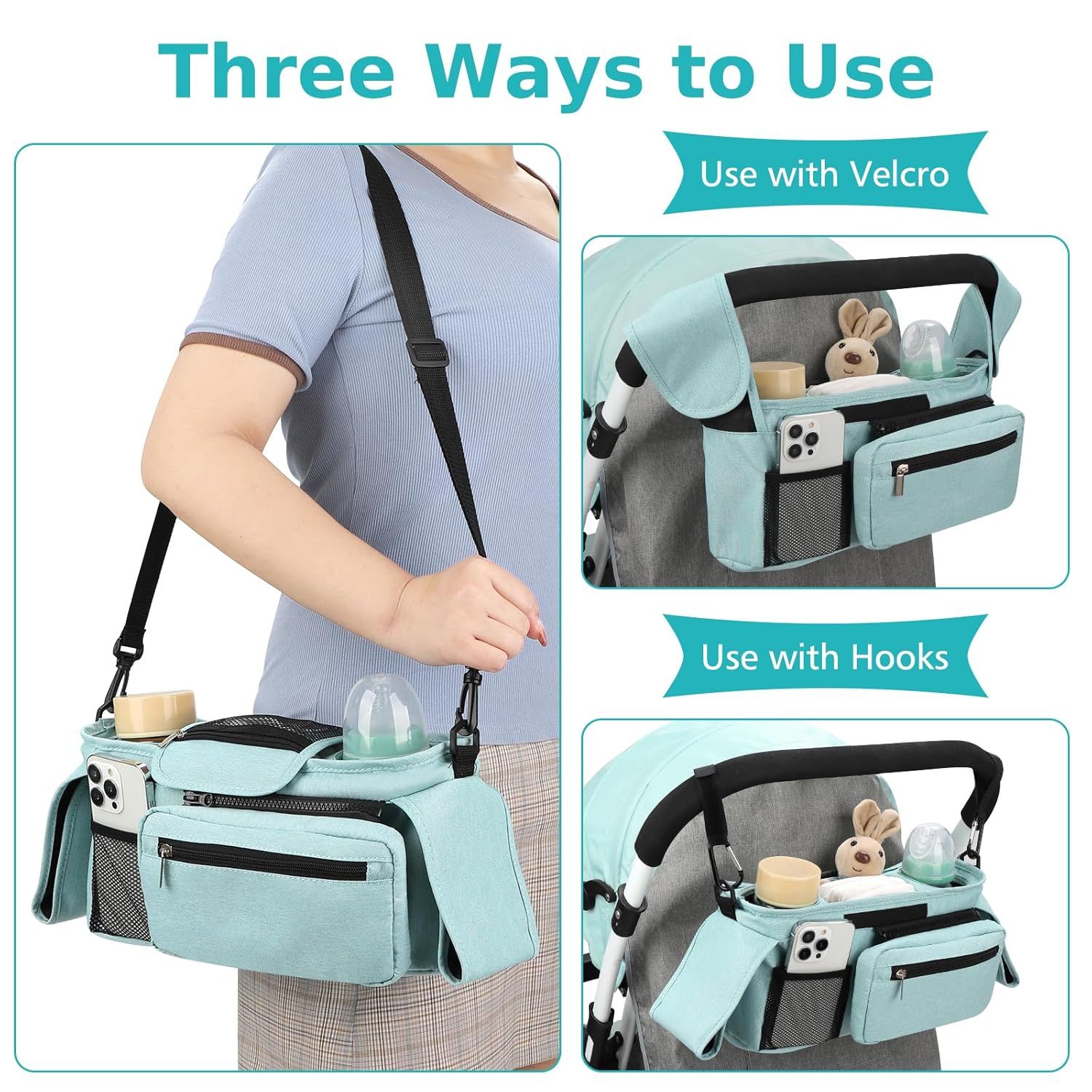 Universal Stroller Organizer with Insulated Cup Holders, Detachable Wristlet & Adjustable Shoulder Strap for V1107-CS-YETCGBL