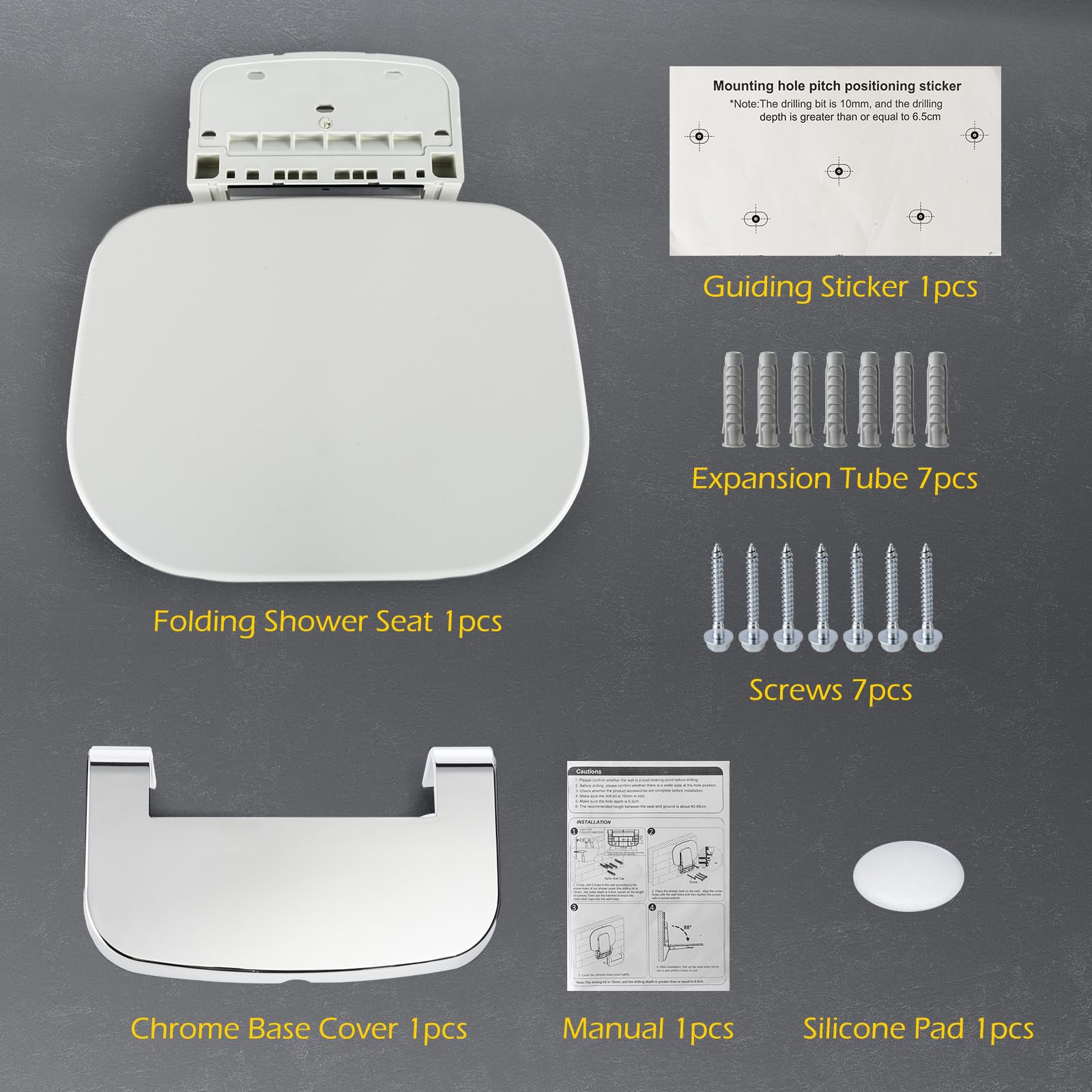 Wall Mounted Folding Shower Seat 440 lbs Load-Bearing - ABS Material Bathroom Stool with Stainless Steel V1107-CS-YSZDD
