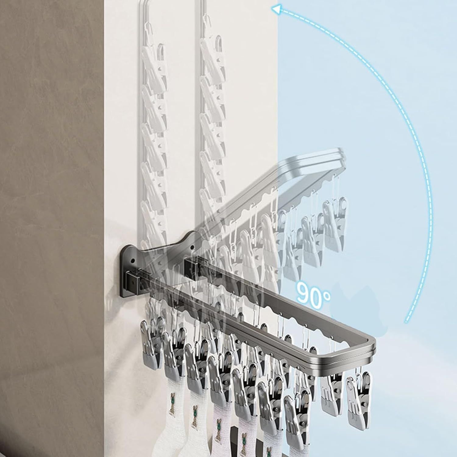 Wall-Mounted Foldable Sock Drying Rack with Multiple Clips for Balcony & Bathroom, Space-Saving Laundry V1107-CS-YTXJLYJ