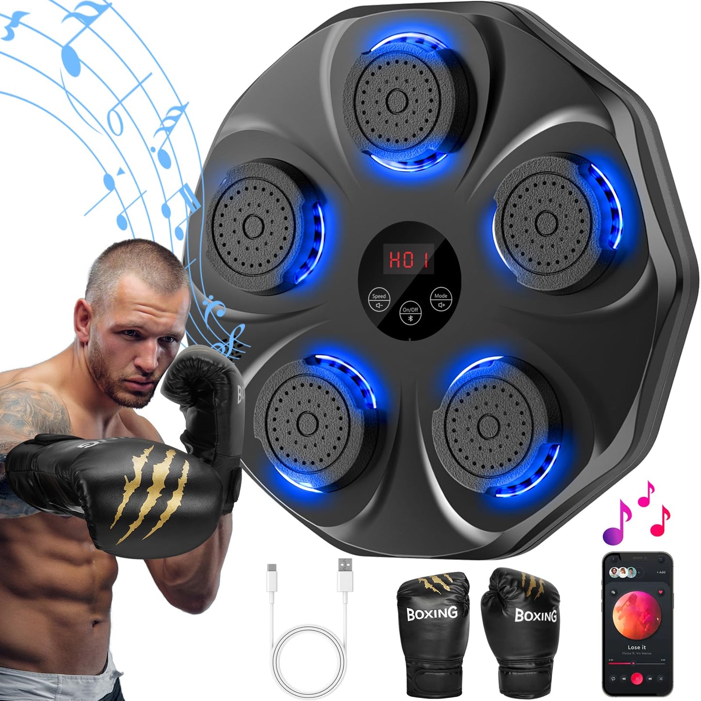 Smart Music Boxing Machine with LED Lights & Bluetooth - Wall-Mounted Interactive Punch Trainer, 9 Modes & 9 V1107-CS-YYQJQB