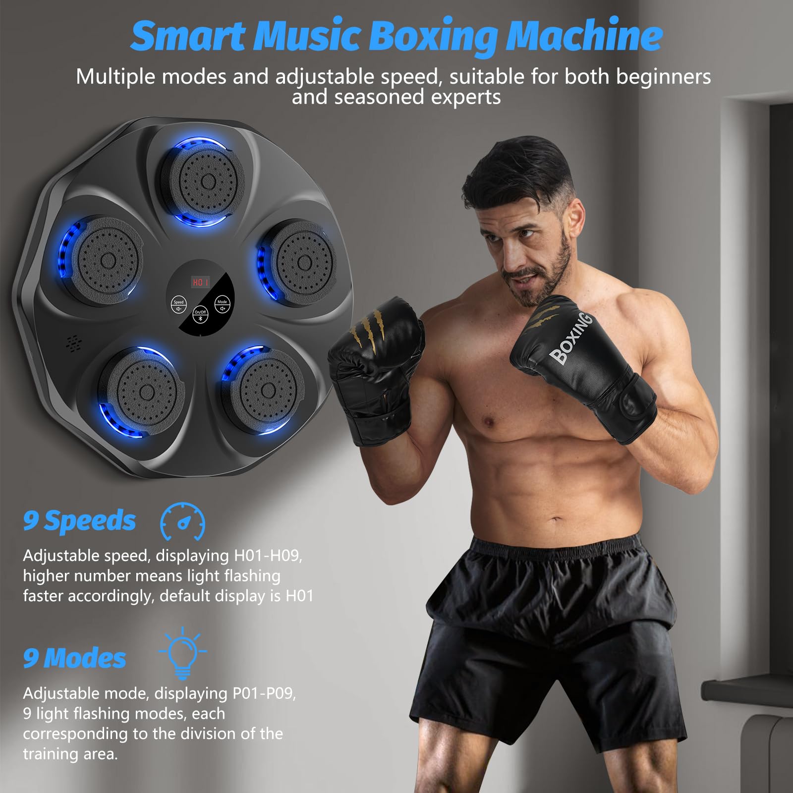 Smart Music Boxing Machine with LED Lights & Bluetooth - Wall-Mounted Interactive Punch Trainer, 9 Modes & 9 V1107-CS-YYQJQB