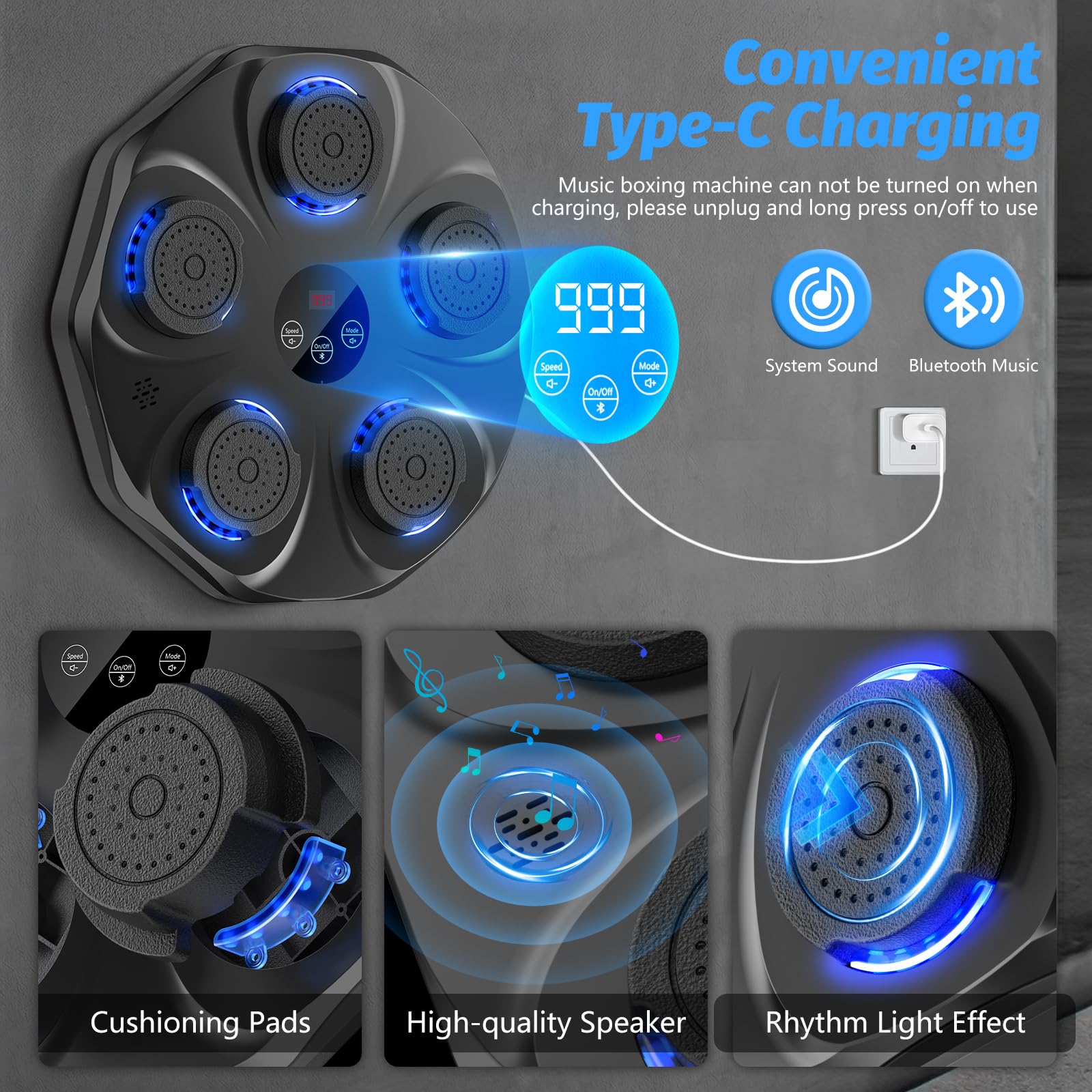 Smart Music Boxing Machine with LED Lights & Bluetooth - Wall-Mounted Interactive Punch Trainer, 9 Modes & 9 V1107-CS-YYQJQB