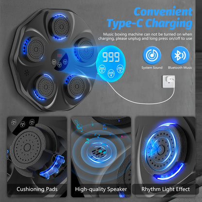 Smart Music Boxing Machine with LED Lights & Bluetooth - Wall-Mounted Interactive Punch Trainer, 9 Modes & 9 V1107-CS-YYQJQB