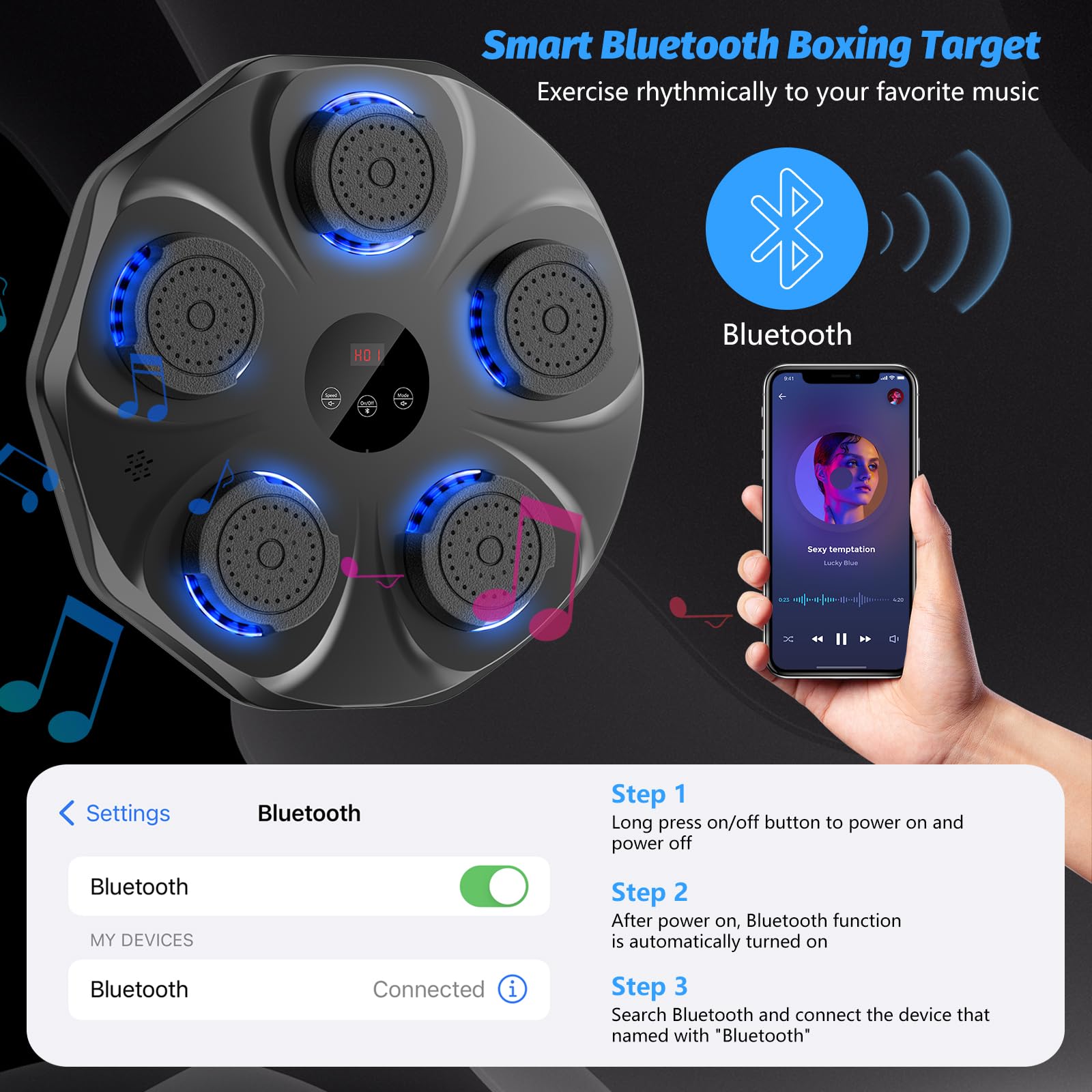 Smart Music Boxing Machine with LED Lights & Bluetooth - Wall-Mounted Interactive Punch Trainer, 9 Modes & 9 V1107-CS-YYQJQB