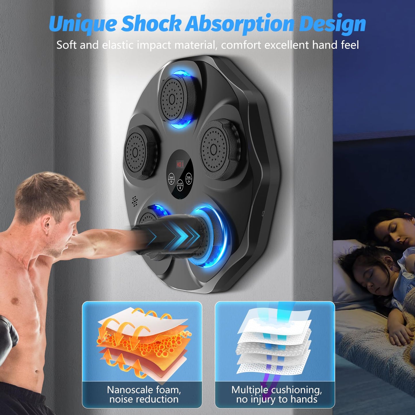 Smart Music Boxing Machine with LED Lights & Bluetooth - Wall-Mounted Interactive Punch Trainer, 9 Modes & 9 V1107-CS-YYQJQB