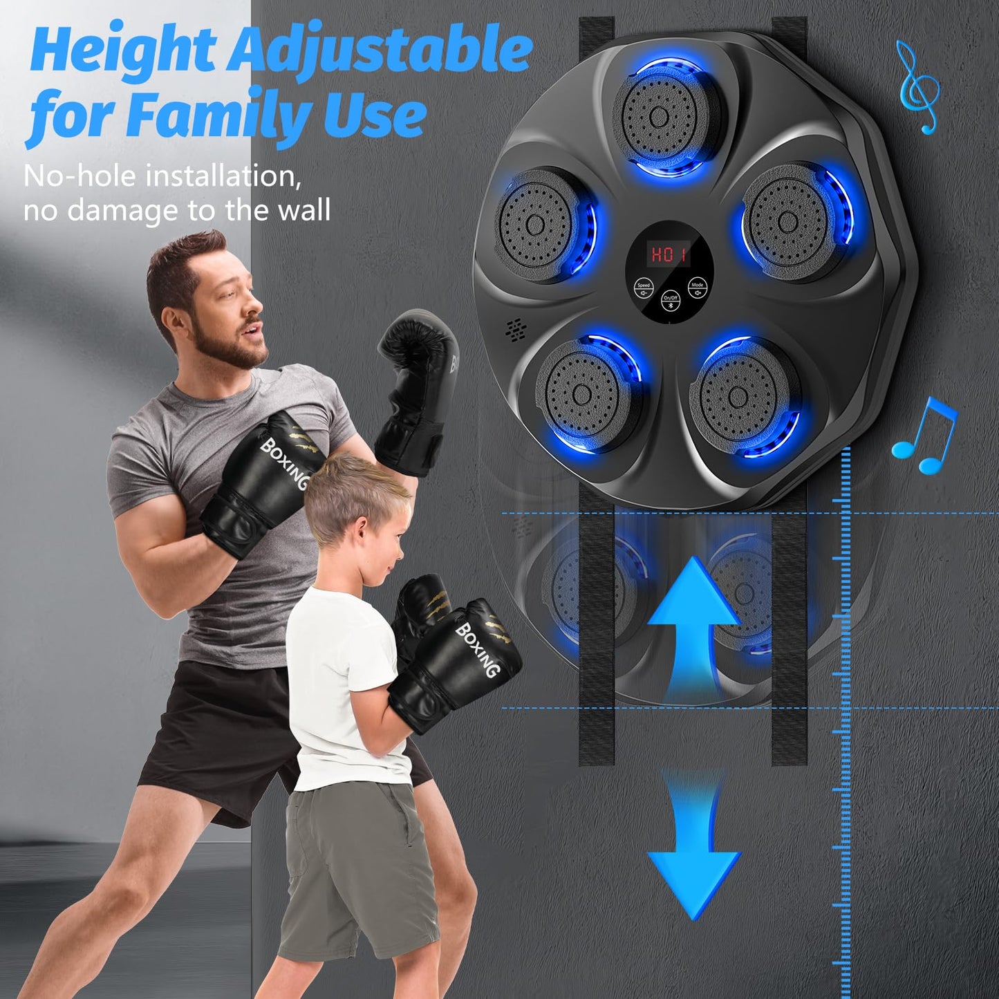 Smart Music Boxing Machine with LED Lights & Bluetooth - Wall-Mounted Interactive Punch Trainer, 9 Modes & 9 V1107-CS-YYQJQB