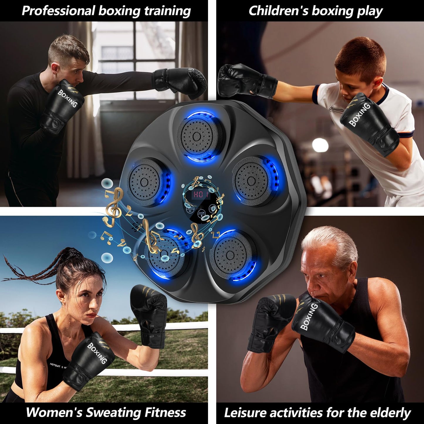 Smart Music Boxing Machine with LED Lights & Bluetooth - Wall-Mounted Interactive Punch Trainer, 9 Modes & 9 V1107-CS-YYQJQB