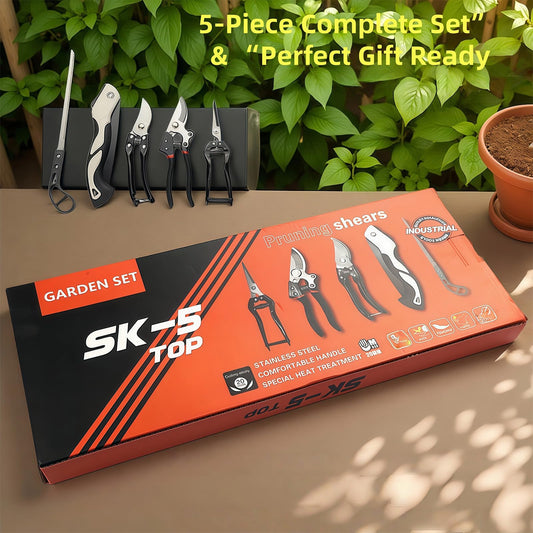 Heavy-Duty 5-Piece Gardening Tool Set - 3 Pruning Shears & 2 Folding Saws, Stainless Steel Blades, Ergonomic V1107-CS-YYWJT