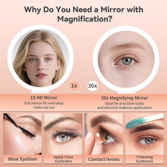 Dual-Sided LED Makeup Mirror with 1X & 30X Magnification, 3 Color Temperature Lights, Touch Controls, V1107-CS-ZDSMHZJ