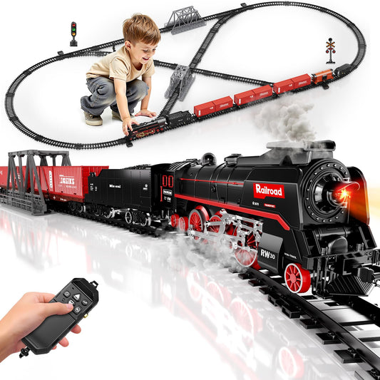Model Train Set, Remote Control Train Toys with 3Way Smoke Locomotive, 5 Train Cars, Luxury Track Kit, V1107-CS-ZQHCGDTZ