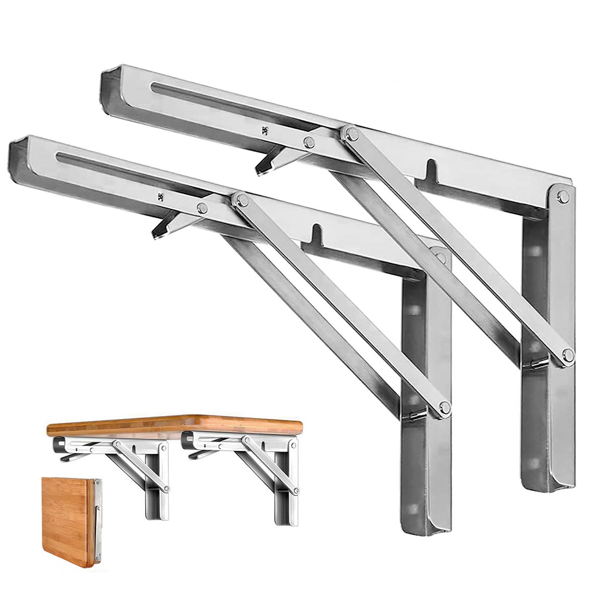 Heavy-Duty Foldable Wall Shelf Brackets - 2-Pack 304 Stainless Steel Triangular Supports with One-Click V1107-CS-ZWJSJZJ12