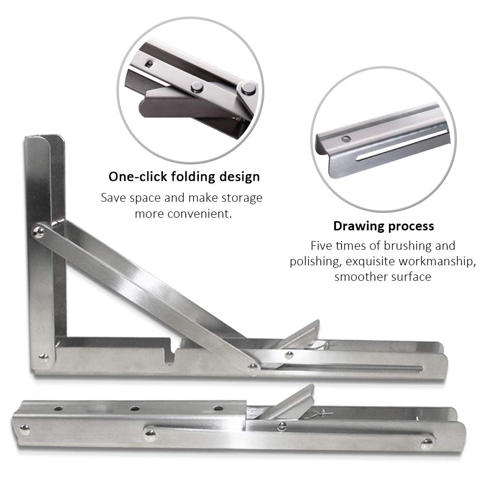 Heavy-Duty Foldable Wall Shelf Brackets - 2-Pack 304 Stainless Steel Triangular Supports with One-Click V1107-CS-ZWJSJZJ14