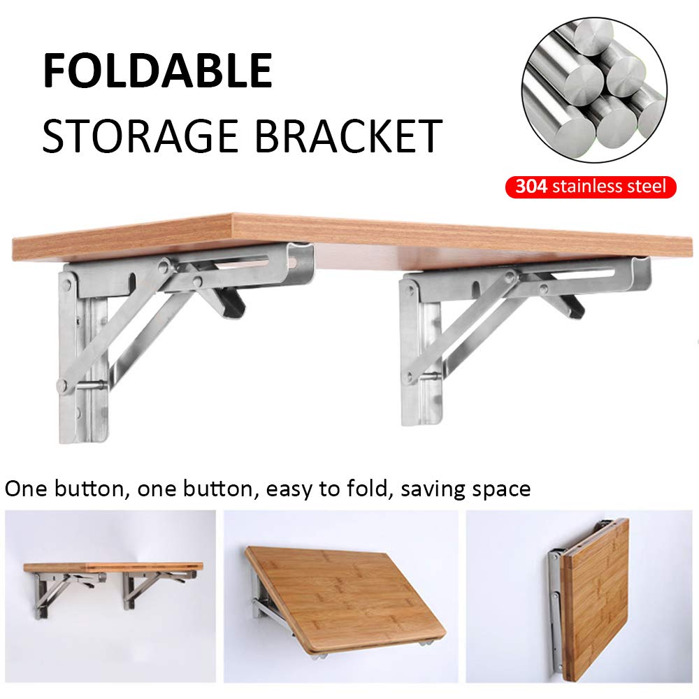 Heavy-Duty Foldable Wall Shelf Brackets - 2-Pack 304 Stainless Steel Triangular Supports with One-Click V1107-CS-ZWJSJZJ14