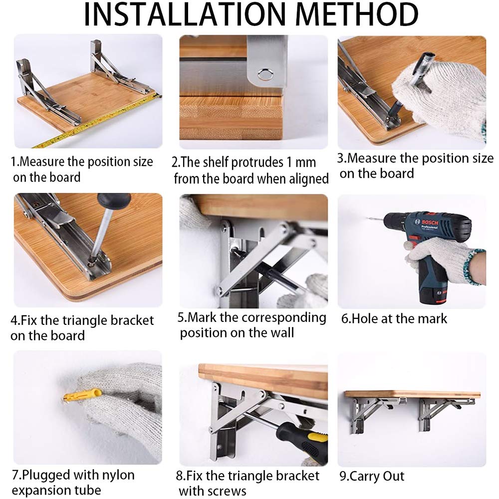 Heavy-Duty Foldable Wall Shelf Brackets - 2-Pack 304 Stainless Steel Triangular Supports with One-Click V1107-CS-ZWJSJZJ16
